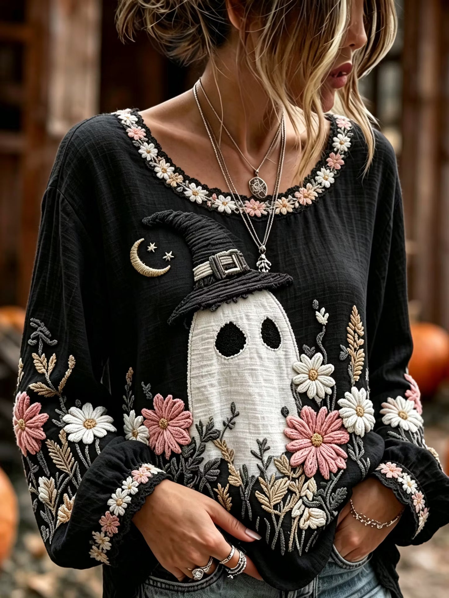 Women's Halloween Ghost With Floral Art Embroidered Linen Blend Round Neck Long Sleeve Tops