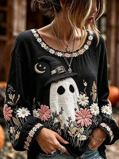 Women's Halloween Ghost With Floral Art Embroidered Linen Blend Round Neck Long Sleeve Tops