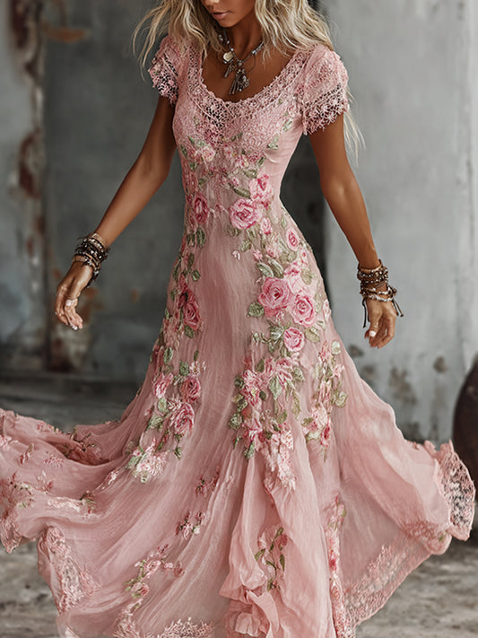 Women's Bohemia Rose Floral Embroidered Art Flowy Maxi Dress