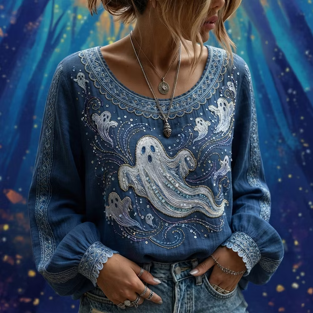 Women's Halloween Gothic Blue Ghost Print Long-sleeve Top