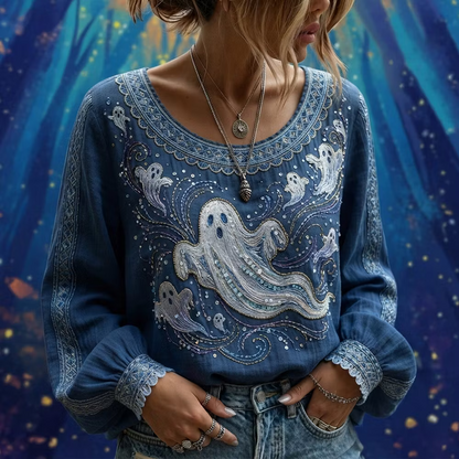 Women's Halloween Gothic Blue Ghost Print Long-sleeve Top