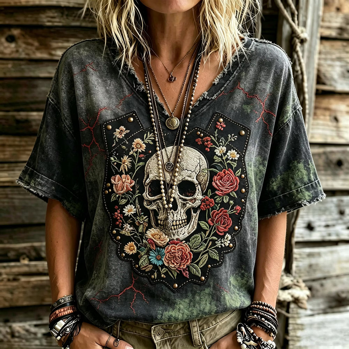 Women's Vintage Washed Skull Rose Embroidery V Neck T Shirt