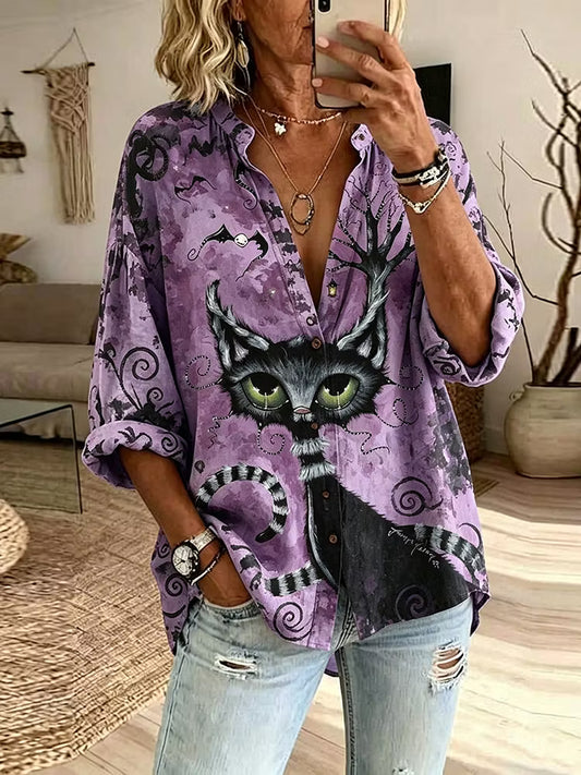 Women's Retro Halloween Black Cat Art Pattern Casual Shirt