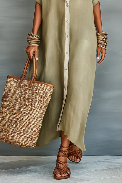Women's Minimalist Linen Blend Short-sleeved Shirt Maxi Dress