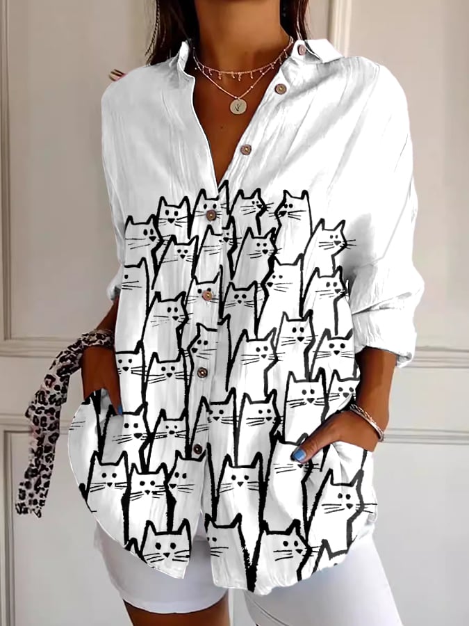 Women's Retro Funny Animal Cat Print Casual Shirt