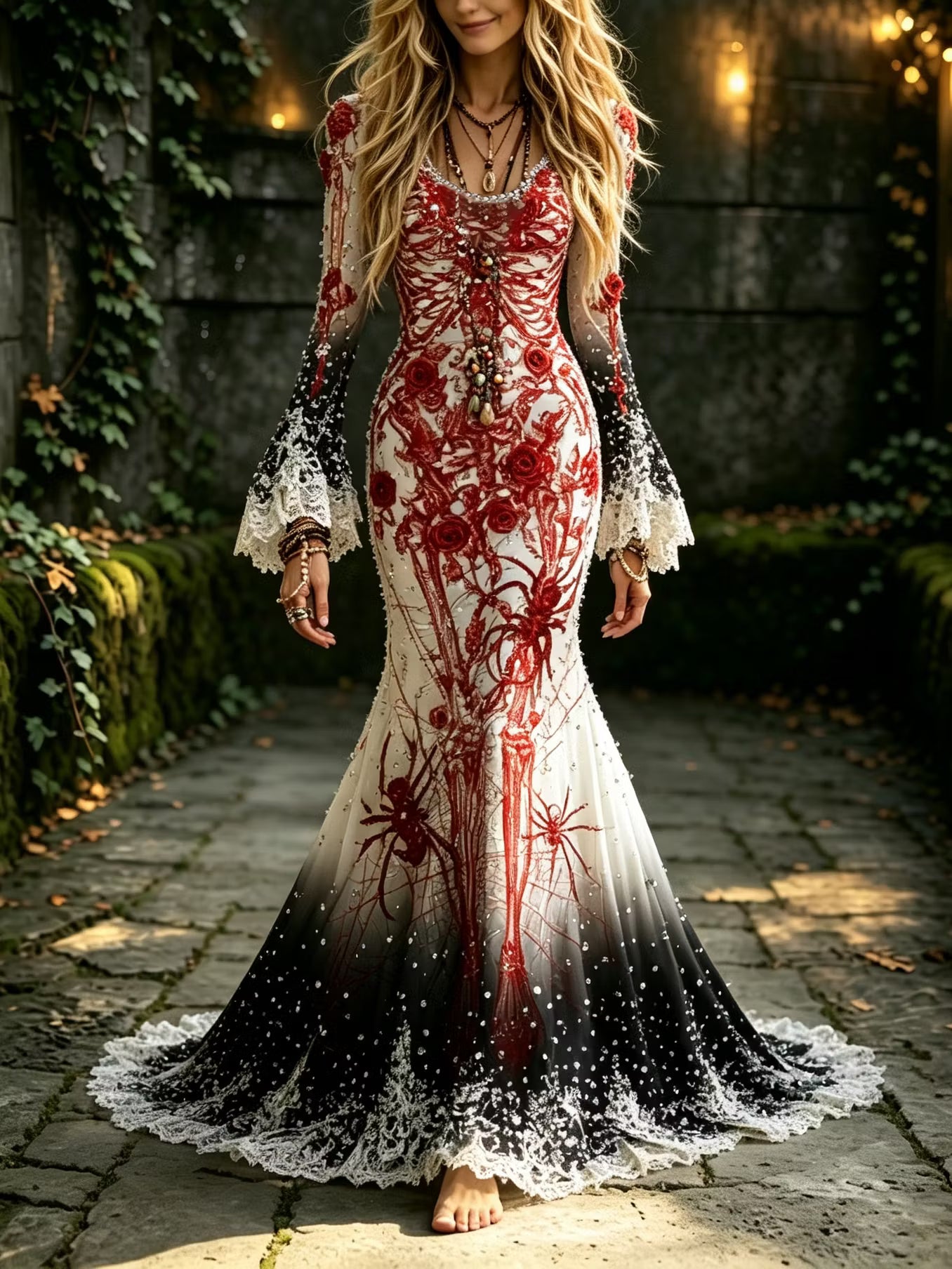 Women's Halloween Retro Gradient Skull, Floral, And Spider Design Round Neck Long Sleeve Dress