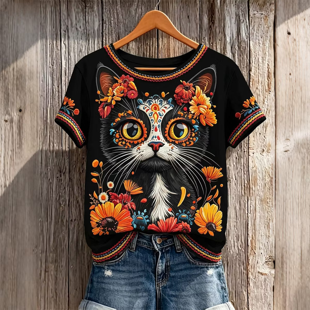 Women's Retro Vacation Floral Cat Skull Design Cotton Linen Crew Neck Short Sleeve T-shirt