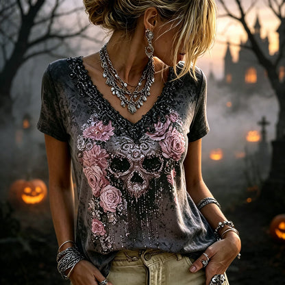 Women's Retro Halloween Style Skull And Rose Sequin Embroidered Print Top