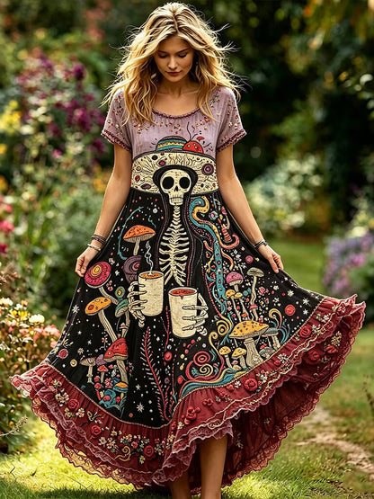 Women's Hippie Vintage Skeleton Mushroom Embroidery Short Sleeve Flowy Long Dress