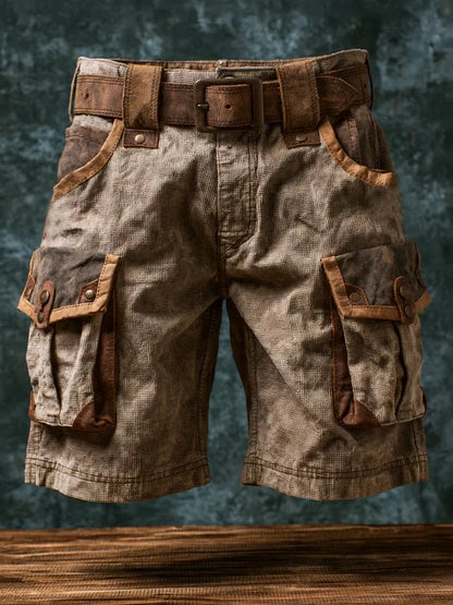 Men's Retro Waffle-Knit & Leather-Panel Print Outdoor Casual Shorts