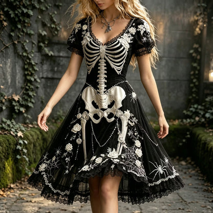 Women's  Retro Gothic Spider Skull Floral Pattern Midi Halloween Dress