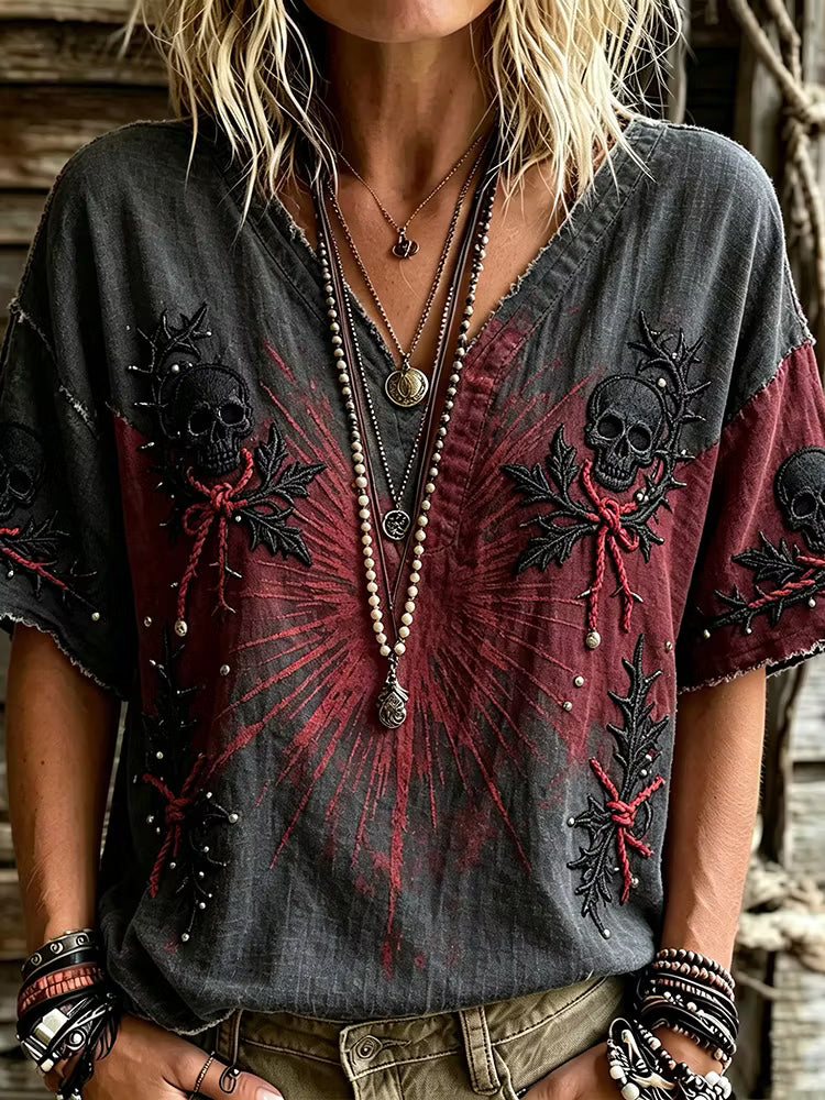 Two Tone Burgundy Grey Washed Gothic Skull Thorn Embroidery Distressed Blouse