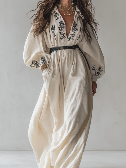 Cream Linen Embroidered Puff Sleeve Shirt Maxi Dress
