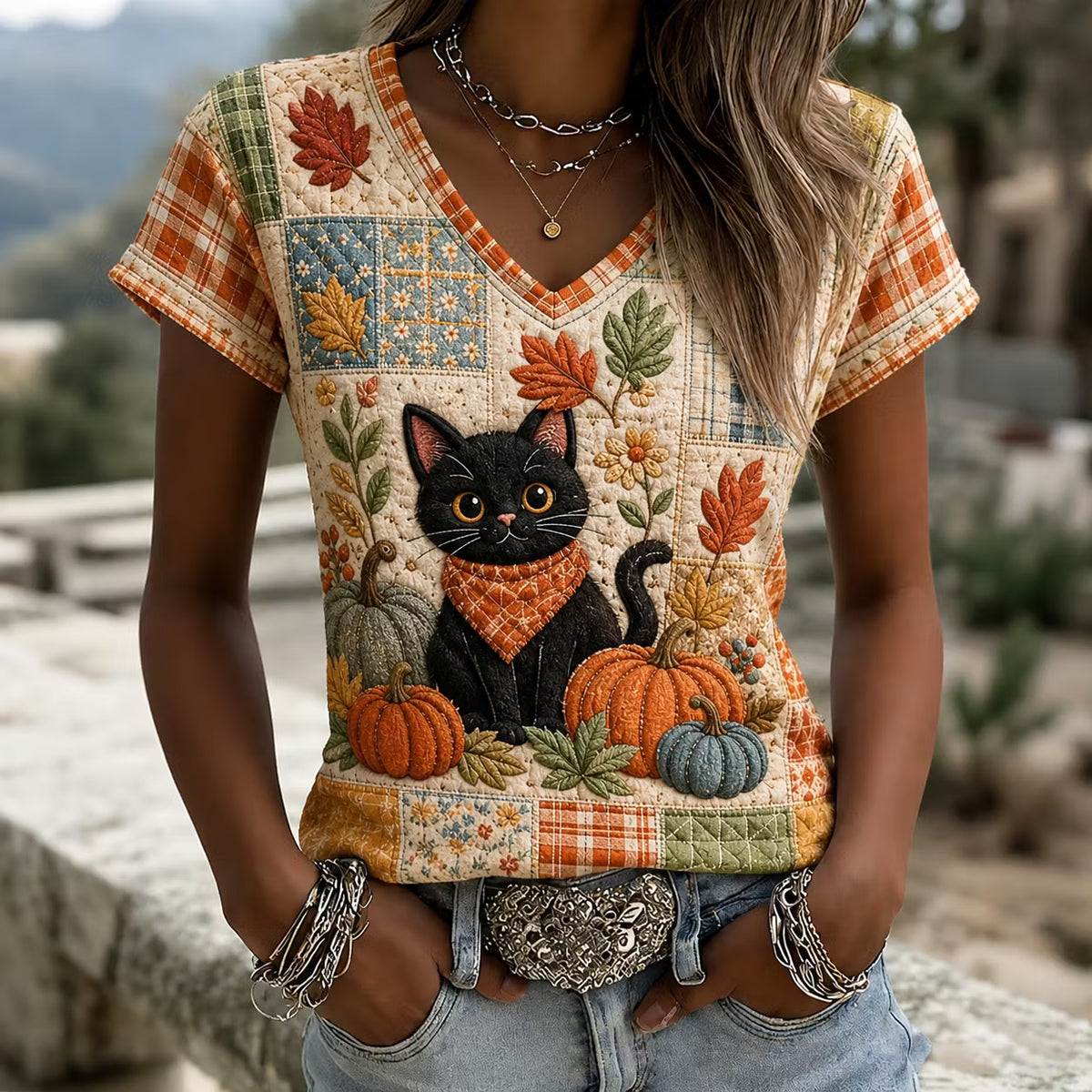 Women's Vintage Pumpkin Cat Patchwork Art Print V-neck Short Sleeve T-shirt