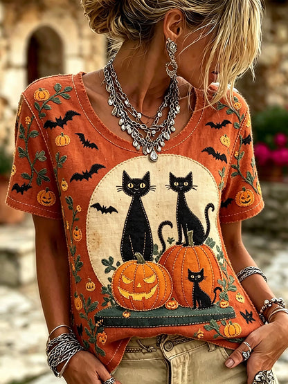 Women's Retro Halloween Cat, Pumpkin, And Bat Patchwork Print T-shirt