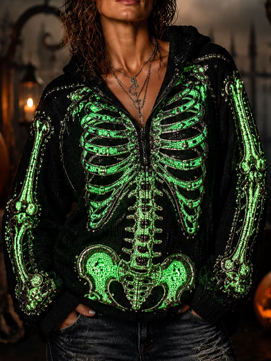 Women's Gothic Full-zip Hoodie With Neon Green Sequin Skeleton Ribcage And Arm Detail