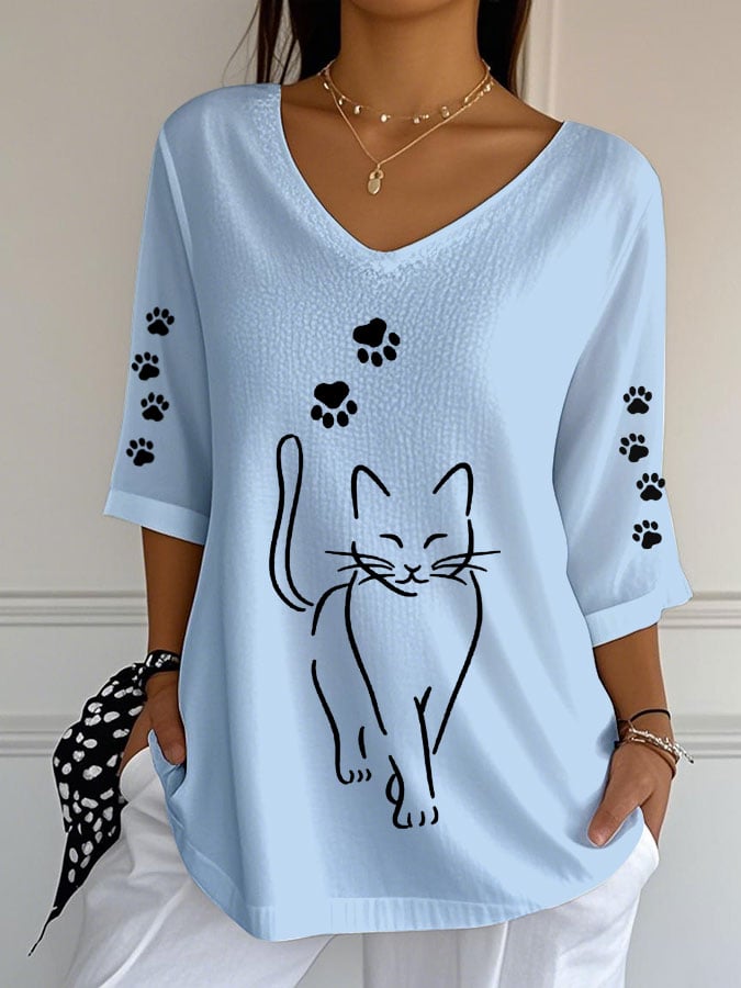 Women's Cute Cat Print Casual V-Neck T-Shirt