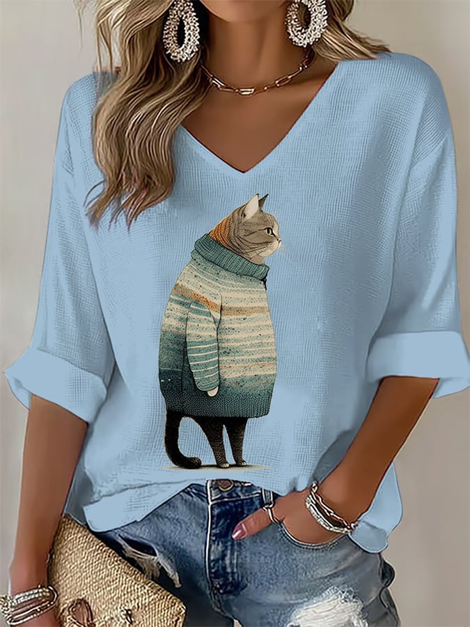 Women's Animal Cat Art Print T-Shirt