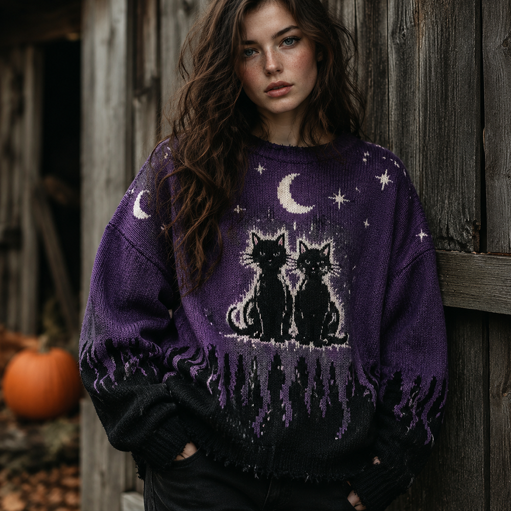 Women's Boho Celestial Moon And Star Pattern Oversized Sweater With Fringe Hem
