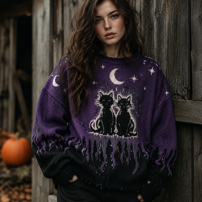 Women's Boho Celestial Moon And Star Pattern Oversized Sweater With Fringe Hem