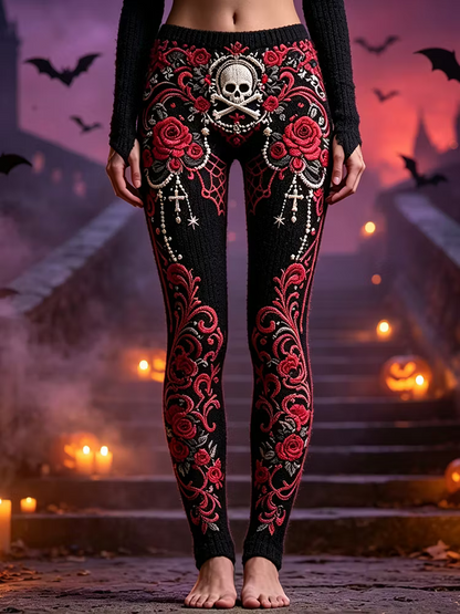 Women's Gothic Knit Leggings, Decorated With Skull, Red Rose And Cross Patterns.