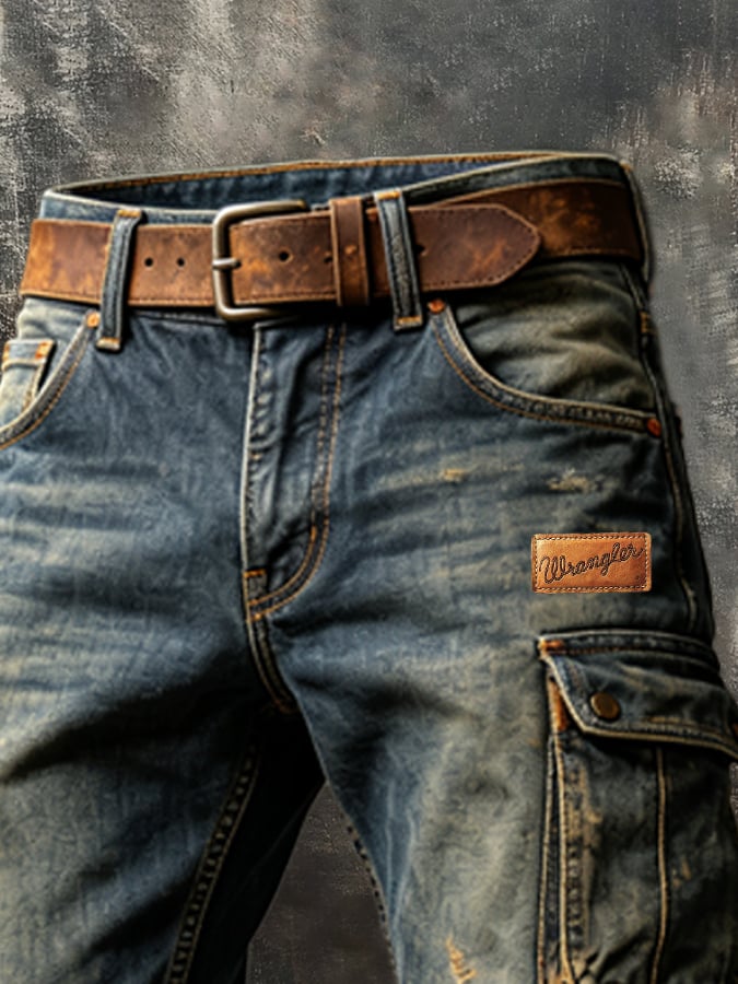 Men's Vintage Denim & Leather-Panel Multi-Pocket Utility Pants