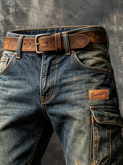 Men's Vintage Denim & Leather-Panel Multi-Pocket Utility Pants