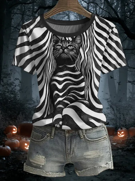 Women's Halloween Black Cat Print Top