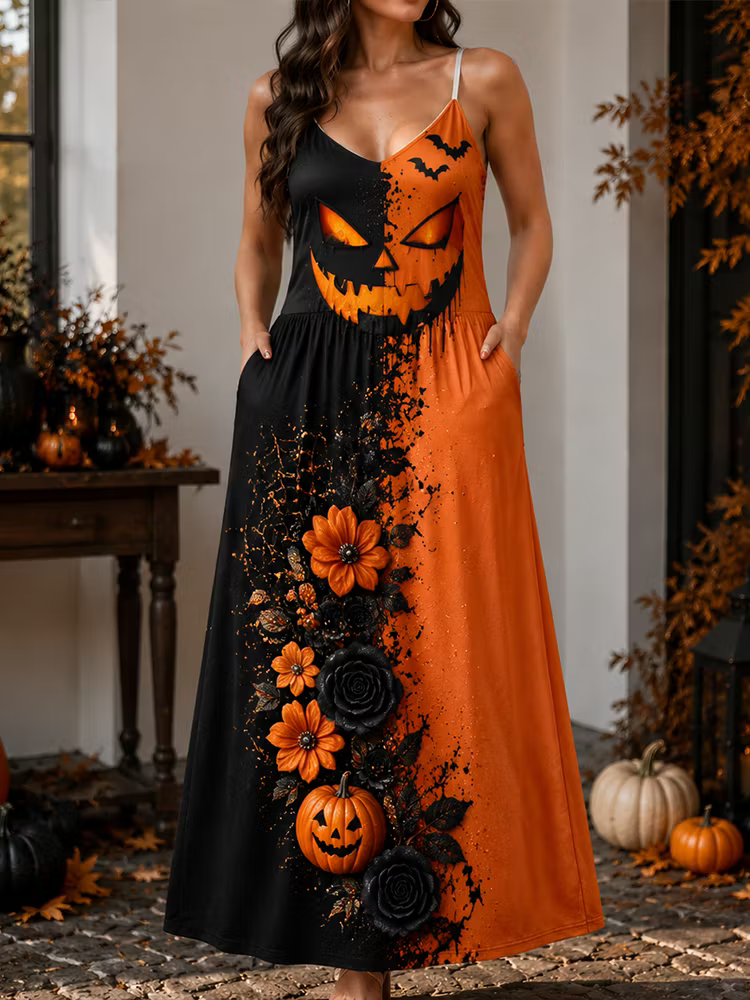 Women's Halloween Spooky Split-color Pumpkin Face & Floral Print Maxi Dress