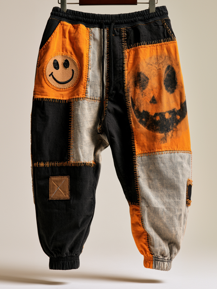 Men's Halloween Pumpkin Face And Smiley Face Patchwork Casual Sports Pants
