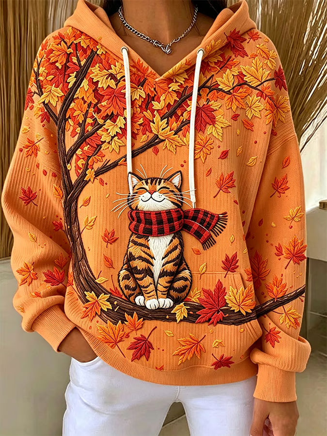 Women's Casual Cat Print Long-Sleeved Hooded Sweatshirt