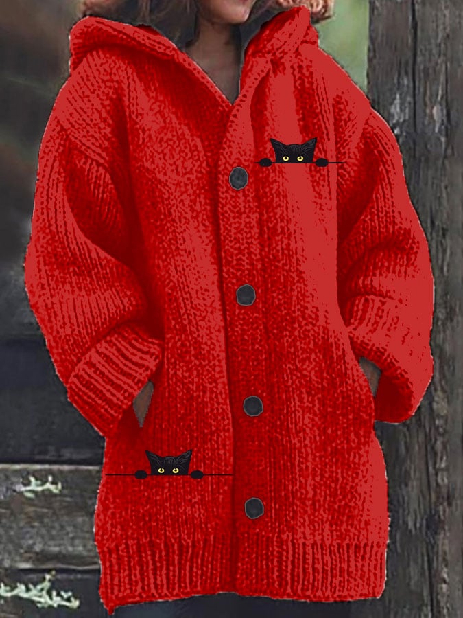 Women's Casual Cat Print Knitted Fabric Plush Jacket