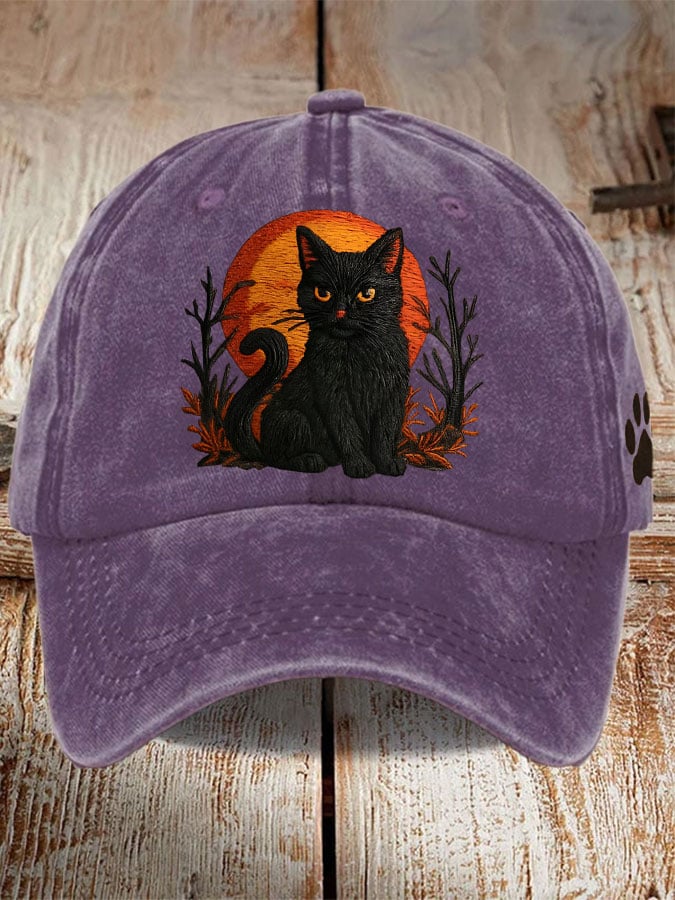 Unisex Distressed Washed Cute Cat Print Hat