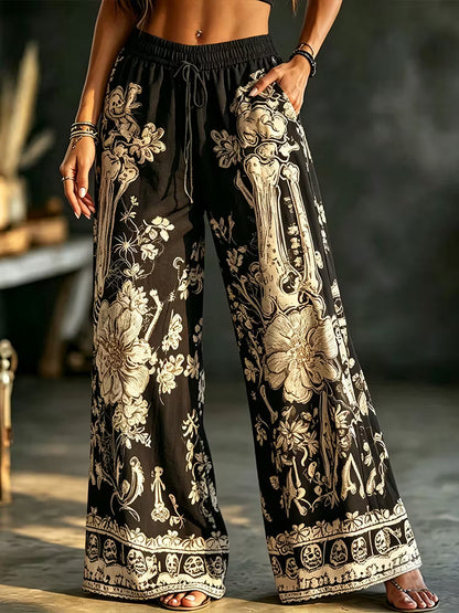 Women's Boho Gothic Skeleton Floral Print Wide Leg Palazzo Pants