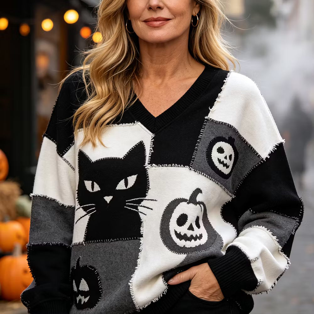 Woman's Halloween V-neck Patchwork Hoodie, Featuring Black Cat And Pumpkin Lantern Patterns