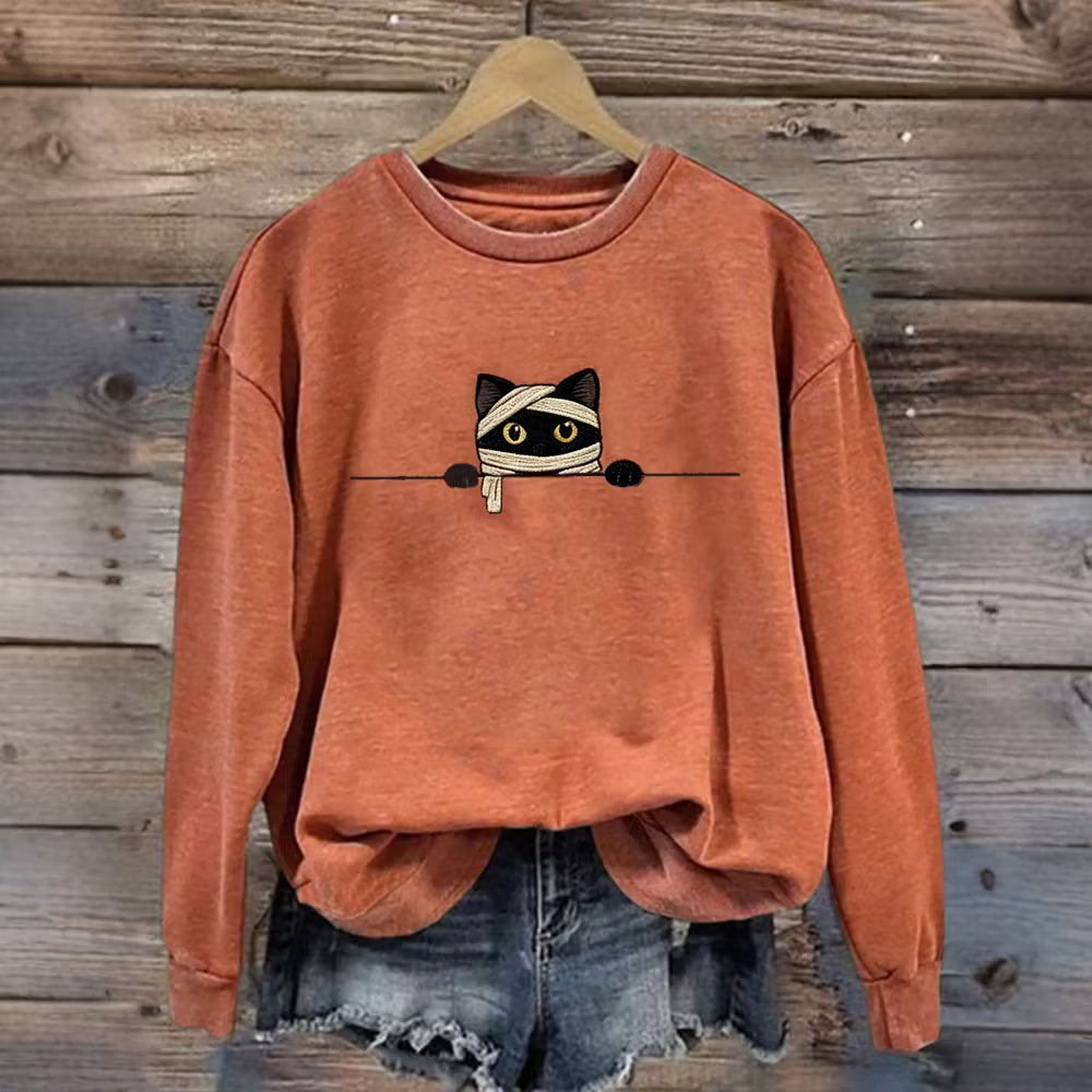 Women's Funny Mummy Cat Pattern Casual Halloween Sweatshirt