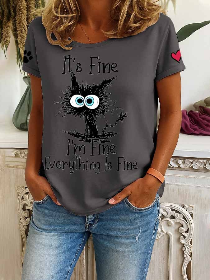 Women's Retro It'S Fine I'M Fine Everything Is Fine Cat Print T-Shirt