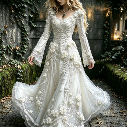 Women's Halloween Gothic Skeleton & Floral Long-sleeve Maxi Dress