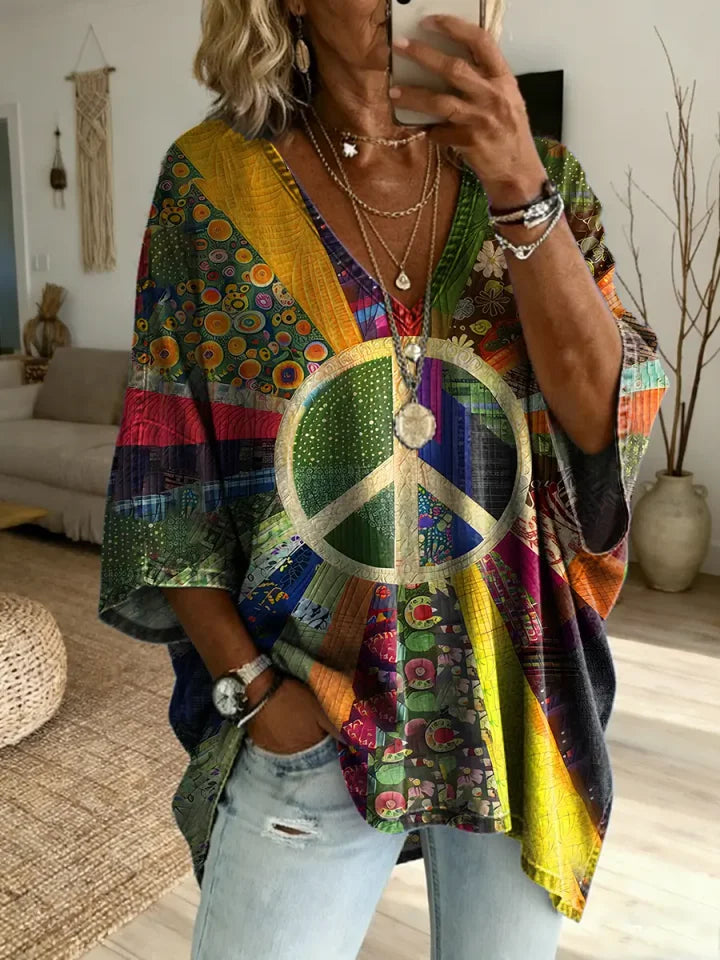 Ethnicity Patchwork Hippie Women's Art Print Casual Washed Cotton Denim Top