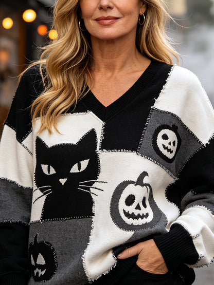 Woman's Halloween V-neck Patchwork Hoodie, Featuring Black Cat And Pumpkin Lantern Patterns