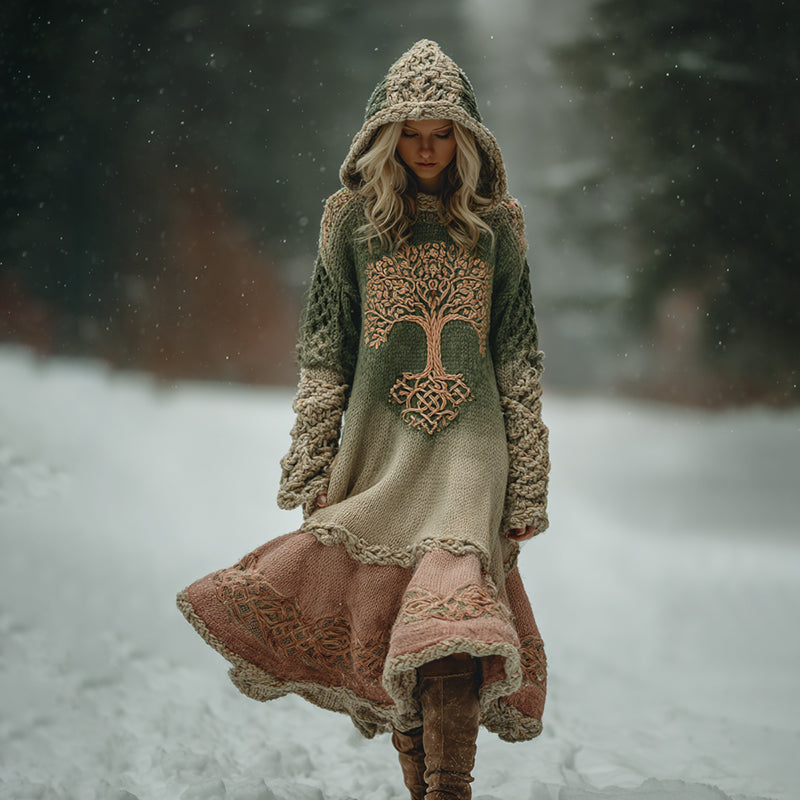 Women's Vintage Celtic Tree Of Life Ombre Hooded Sweater Midi Dress