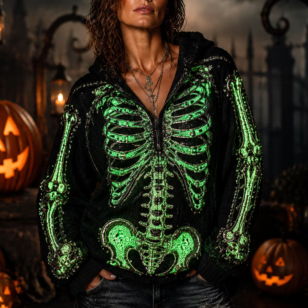 Women's Gothic Full-zip Hoodie With Neon Green Sequin Skeleton Ribcage And Arm Detail