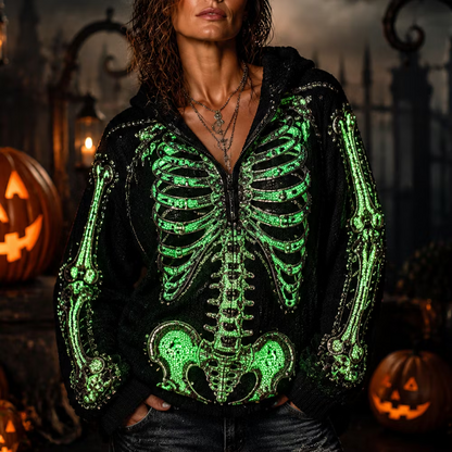 Women's Gothic Full-zip Hoodie With Neon Green Sequin Skeleton Ribcage And Arm Detail