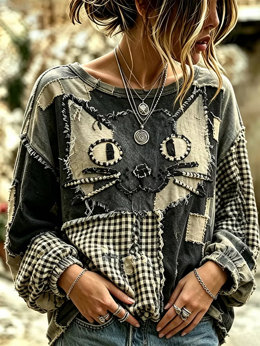 Women's Retro-style Patchwork Long-sleeved Shirt, Decorated With Black Cat Face Print And Plaid Pattern.