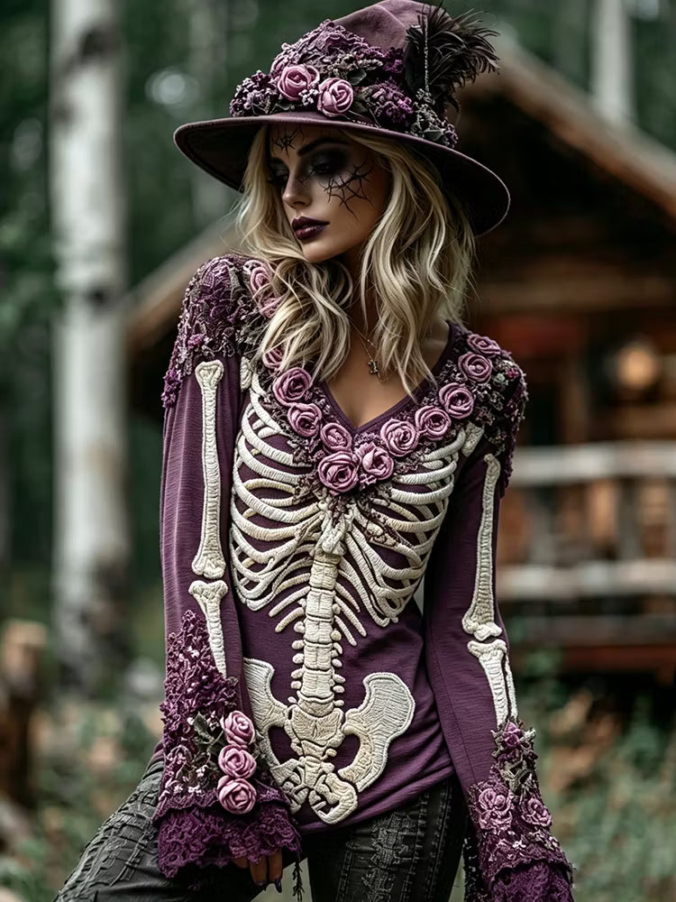 Women's Halloween Rose Floral Skull V Neck T-shirt