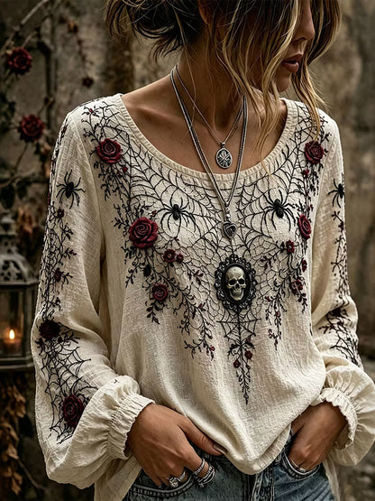 Women's Retro Skull Rose Spider Round Neck Cotton Linen Long Sleeve T-shirt