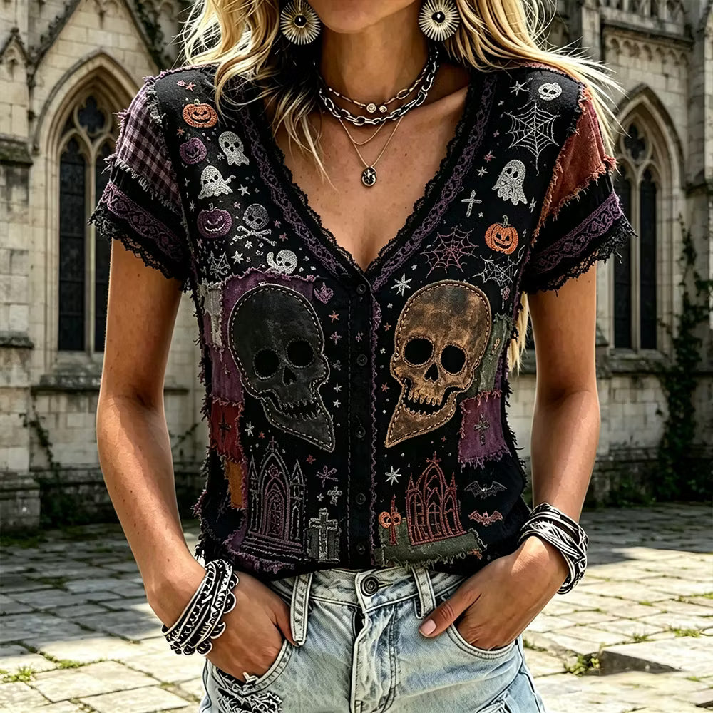 Women's Halloween Skull And Spider Art Distressed Patchwork V-neck Short Sleeve Top