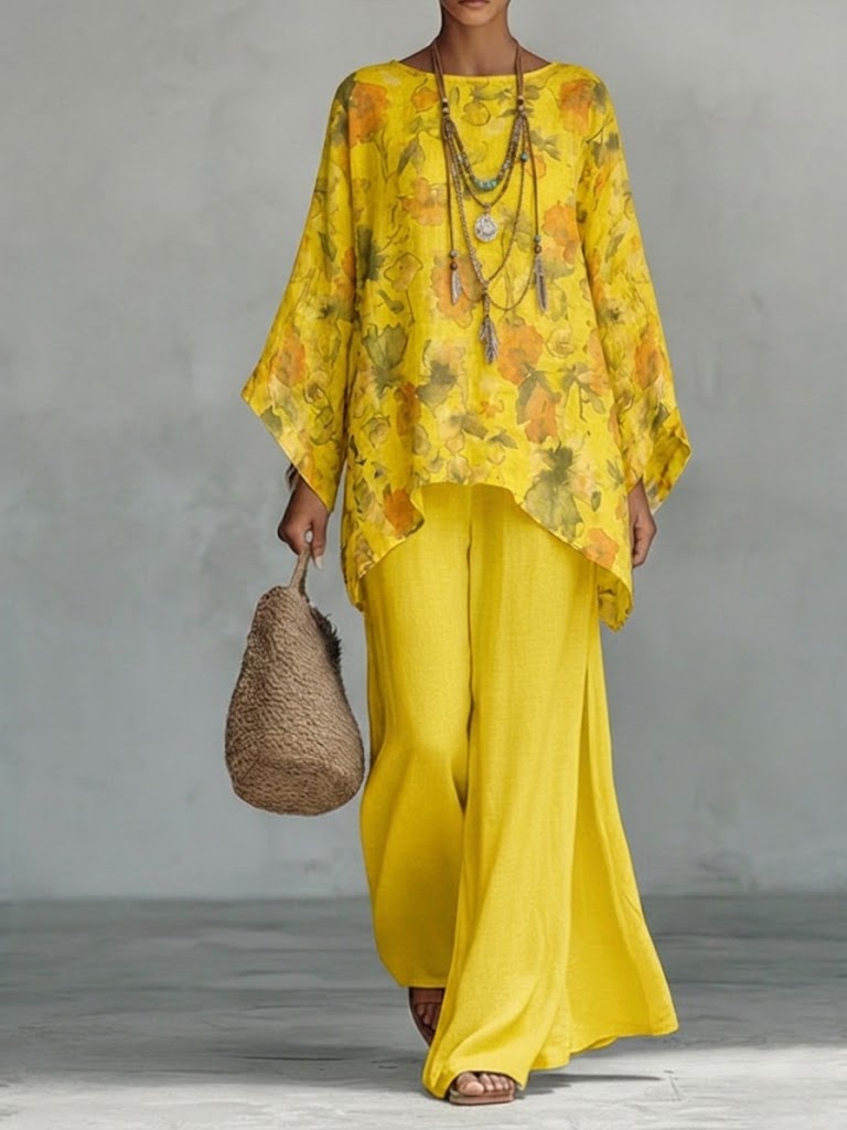 Casual Two-piece Set: Floral-print Linen & Cotton Top And Solid-color Trousers