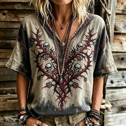 Bohemian Gothic Ombre Vintage Wash Red Thorn Heart Skull Floral Embroidery Top