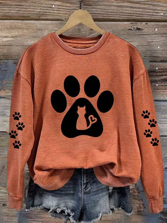 Women'S Cat Paw Print Casual Sweatshirt